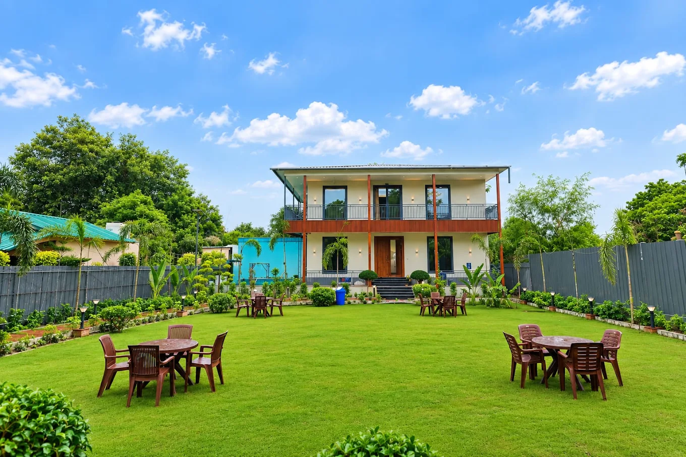 Villa and lawn prepared for a private gathering